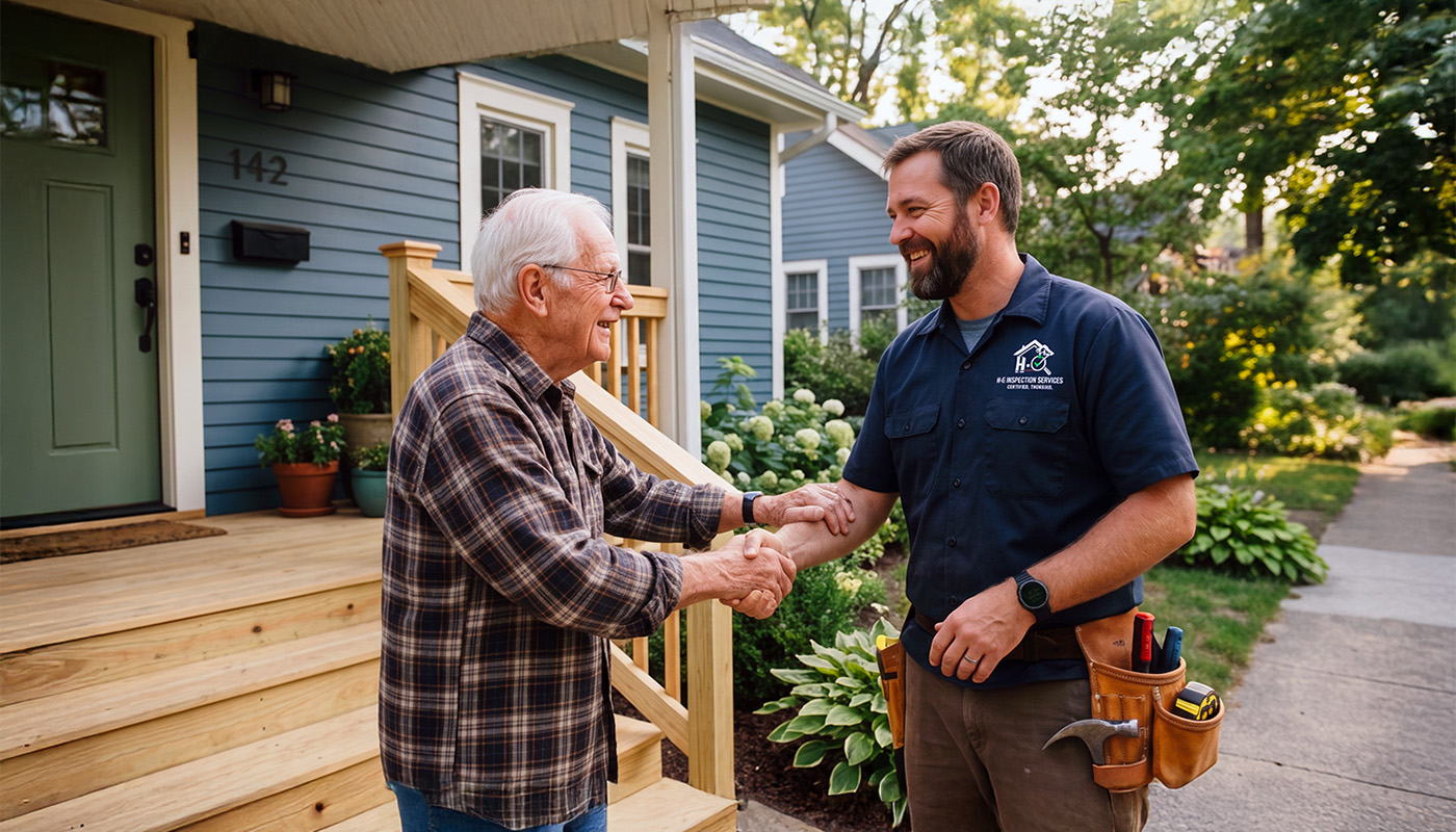 A NestLyft contractor greets a homeowner on his front porch