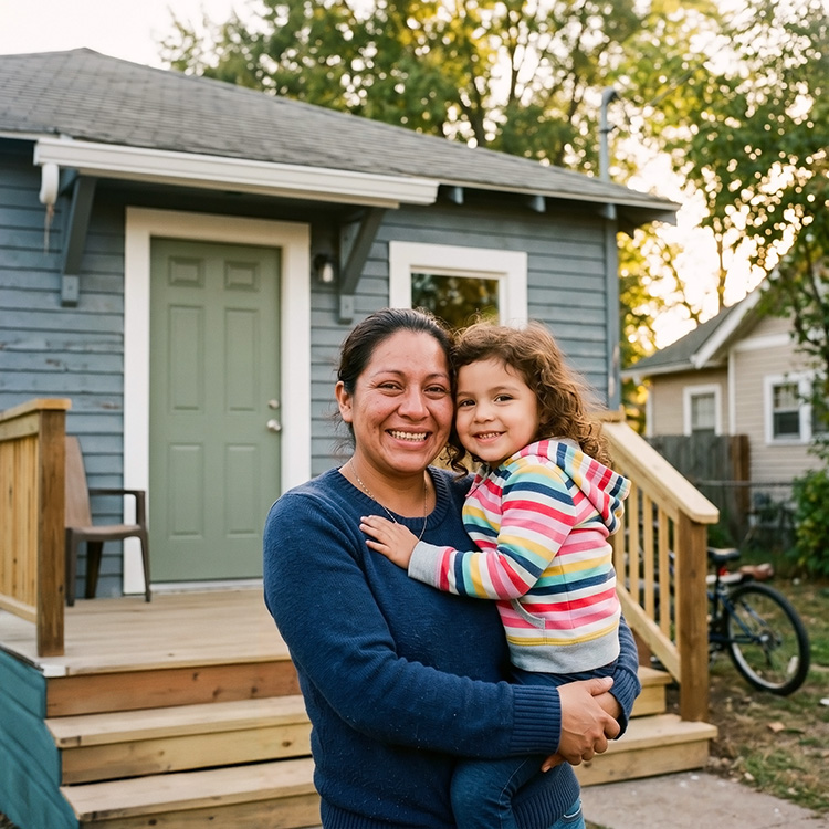 A mother holding her daughter outside their home