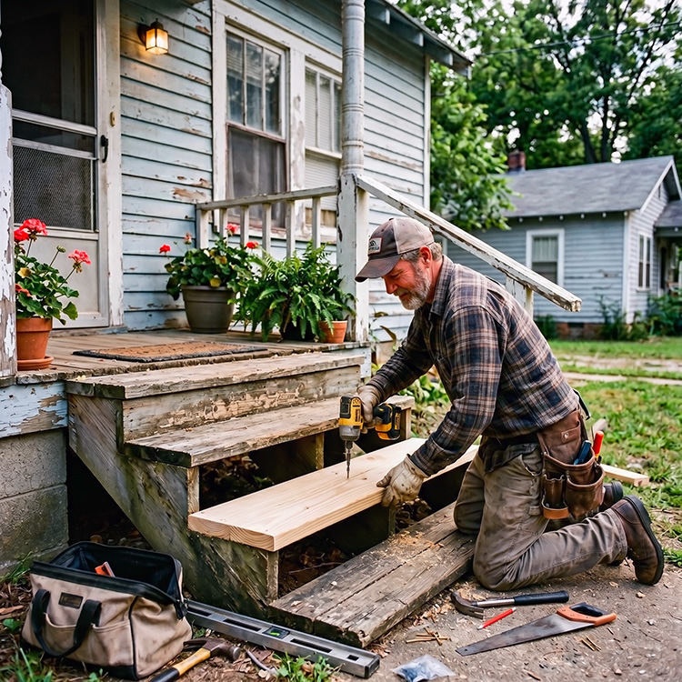 A volunteer working on a porch repair